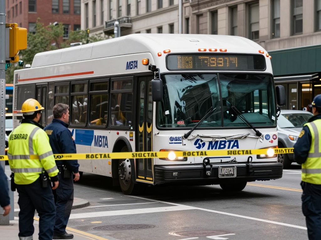 MBTA bus with smashed windshield at incident scene in South Boston