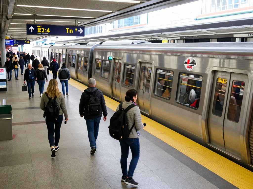 A Boston MBTA station with passengers and trains, emphasizing public safety and transit.