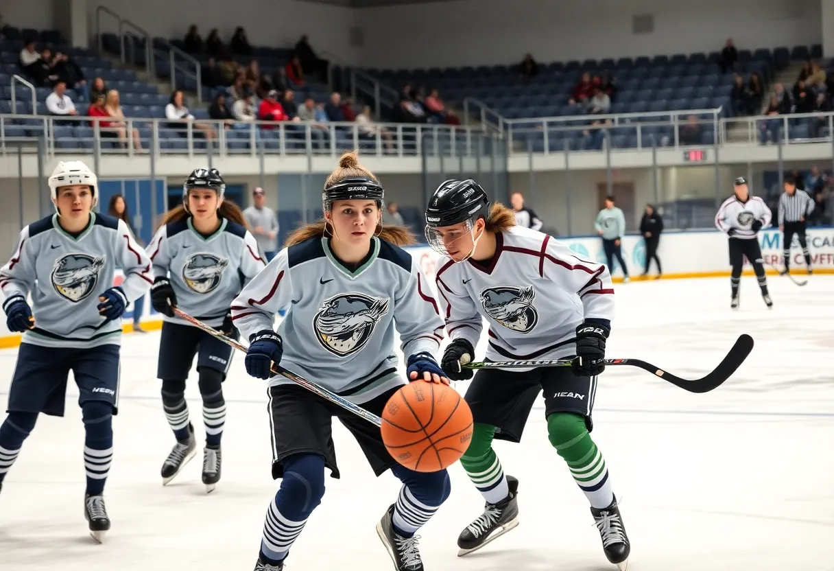 High school athletes competing in winter sports; basketball and hockey