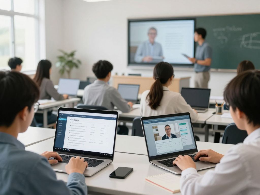 Students and faculty engaging in a digital learning environment with advanced tools