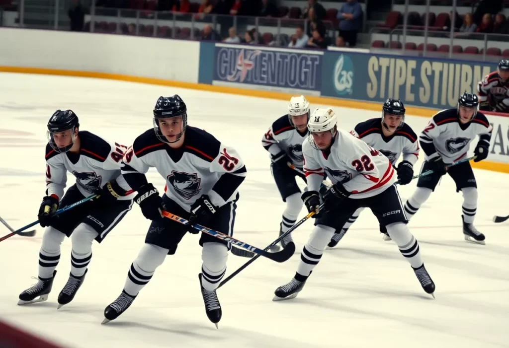 Needham High School hockey team celebrating a victory against Newton North