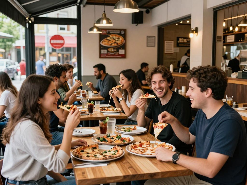 Crowd enjoying pizza in a local pizzeria in Needham