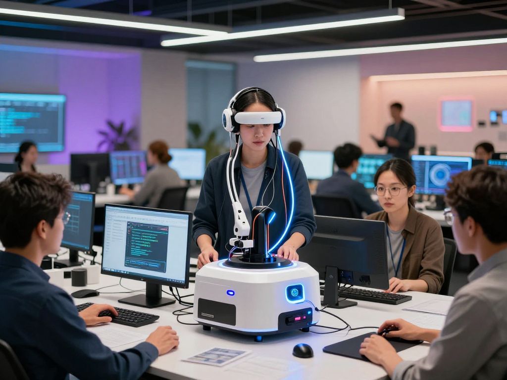 Team working on brain-computer interface technology in a modern office.