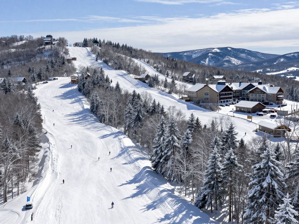 Winter landscape of New England ski resorts with snow-covered slopes