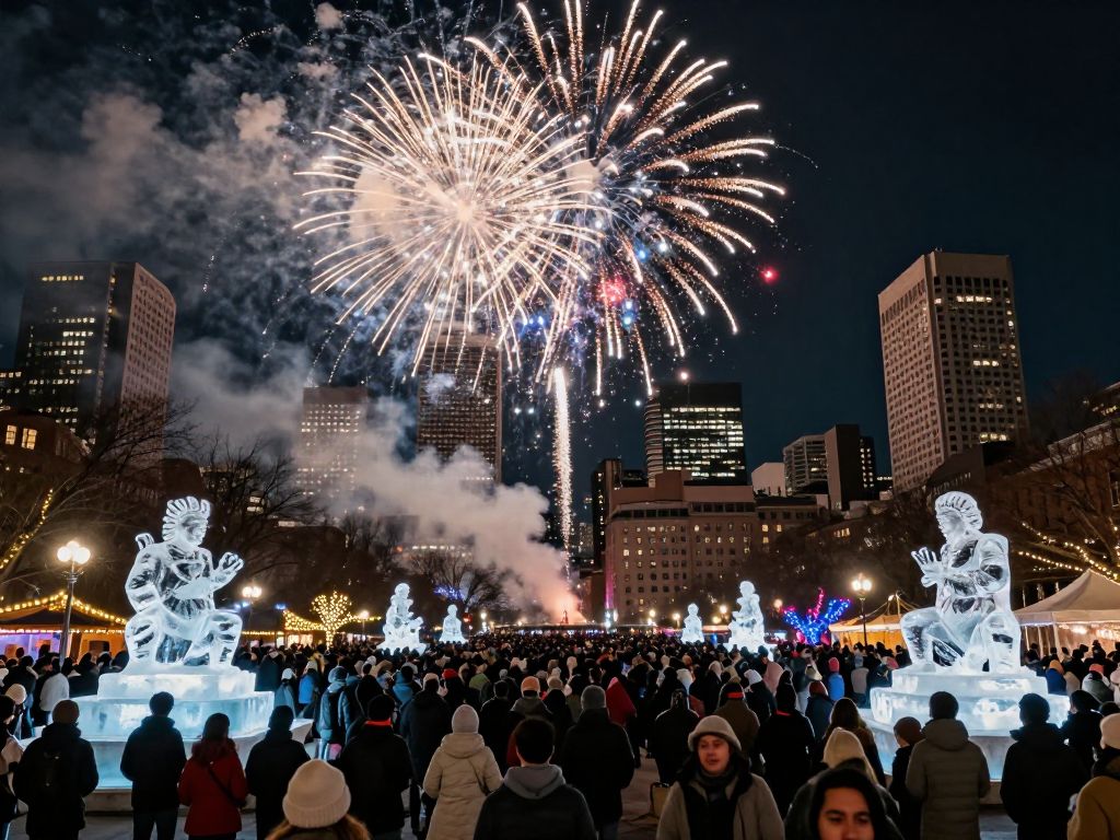 Crowds enjoying New Year's Eve fireworks in Boston