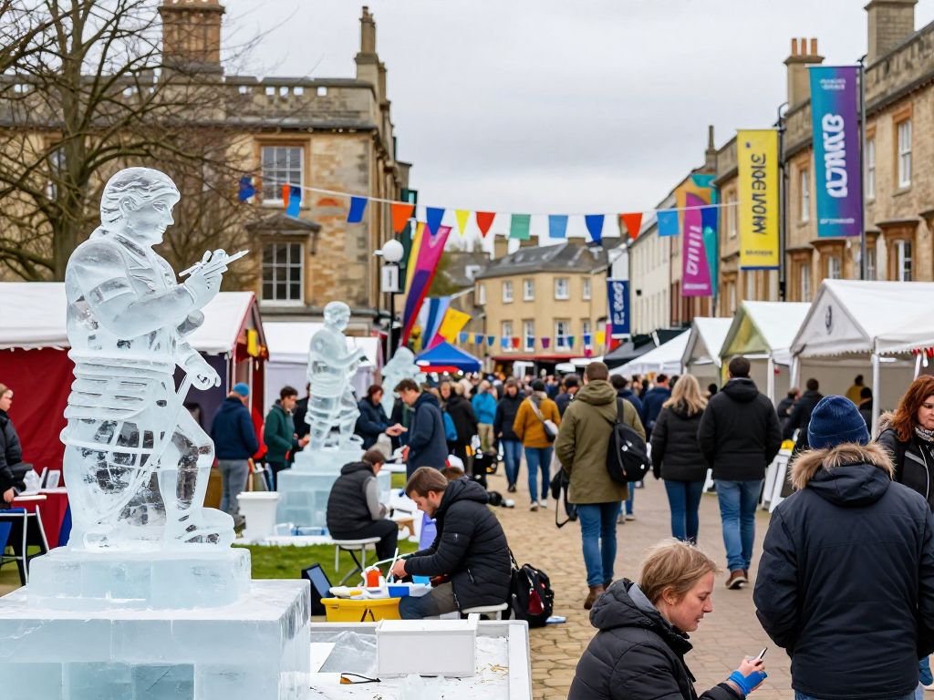 Crowd admiring ice sculptures at the Northampton Ice Art Festival