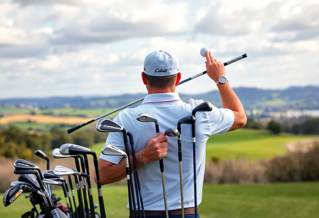 An assortment of golf clubs and accessories displayed on a golf course.