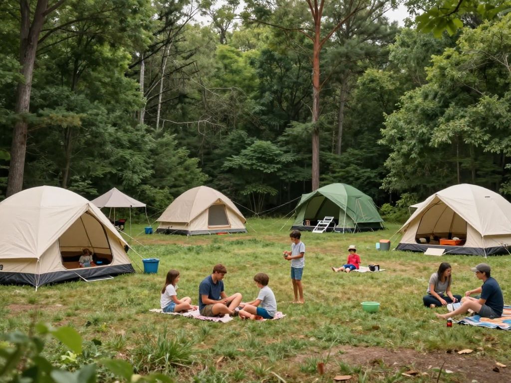 Scenic view of Peaceful Pines Family Campground in Massachusetts with families enjoying outdoor activities.