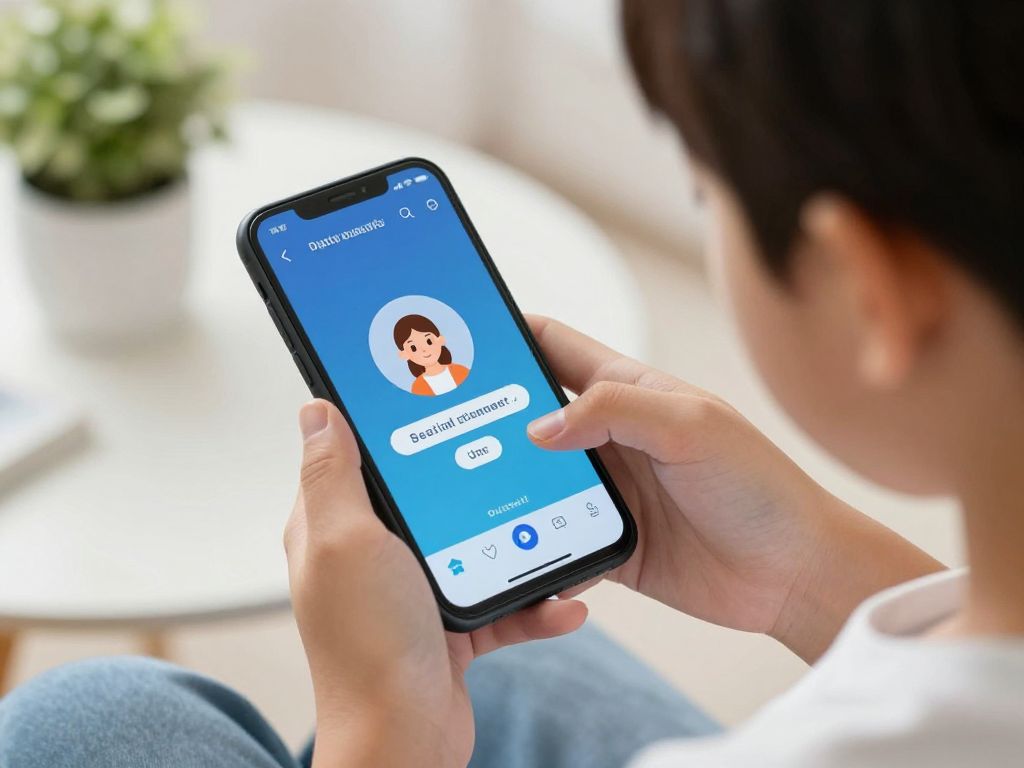 A child engaging with social media on a smartphone with a parental figure overseeing.