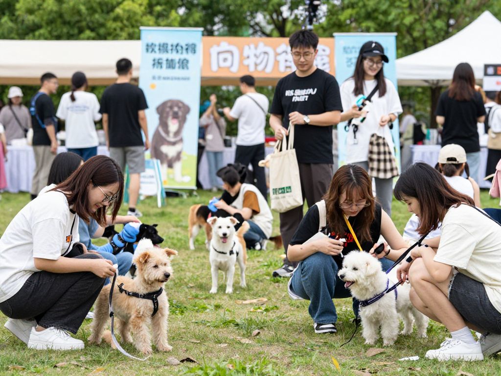 Community members engaging with adoptable dogs at the Pup Rally event in Boston