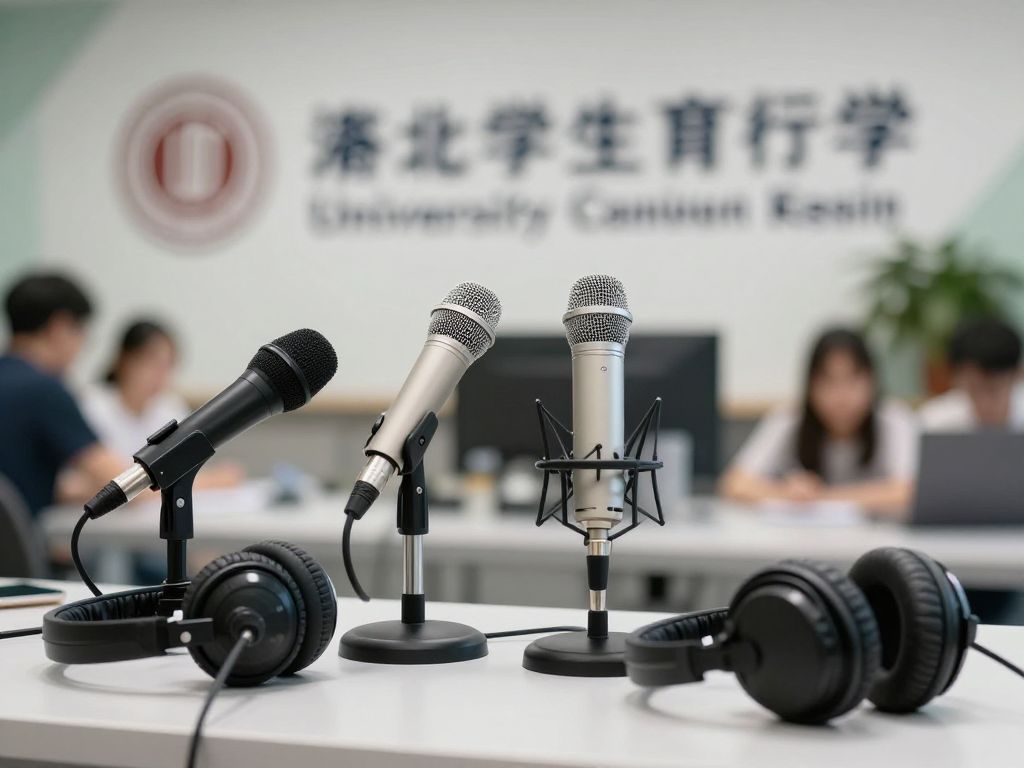 University radio station setup with microphones and headphones