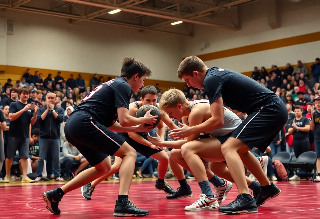 Wrestlers from Shawsheen Tech celebrating a victory in a dynamic match.