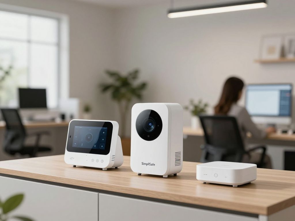 Modern home security devices in a contemporary office setting