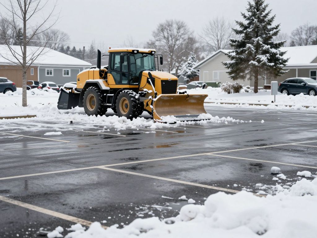 Snow-covered parking lot with a snowplow in Norwood