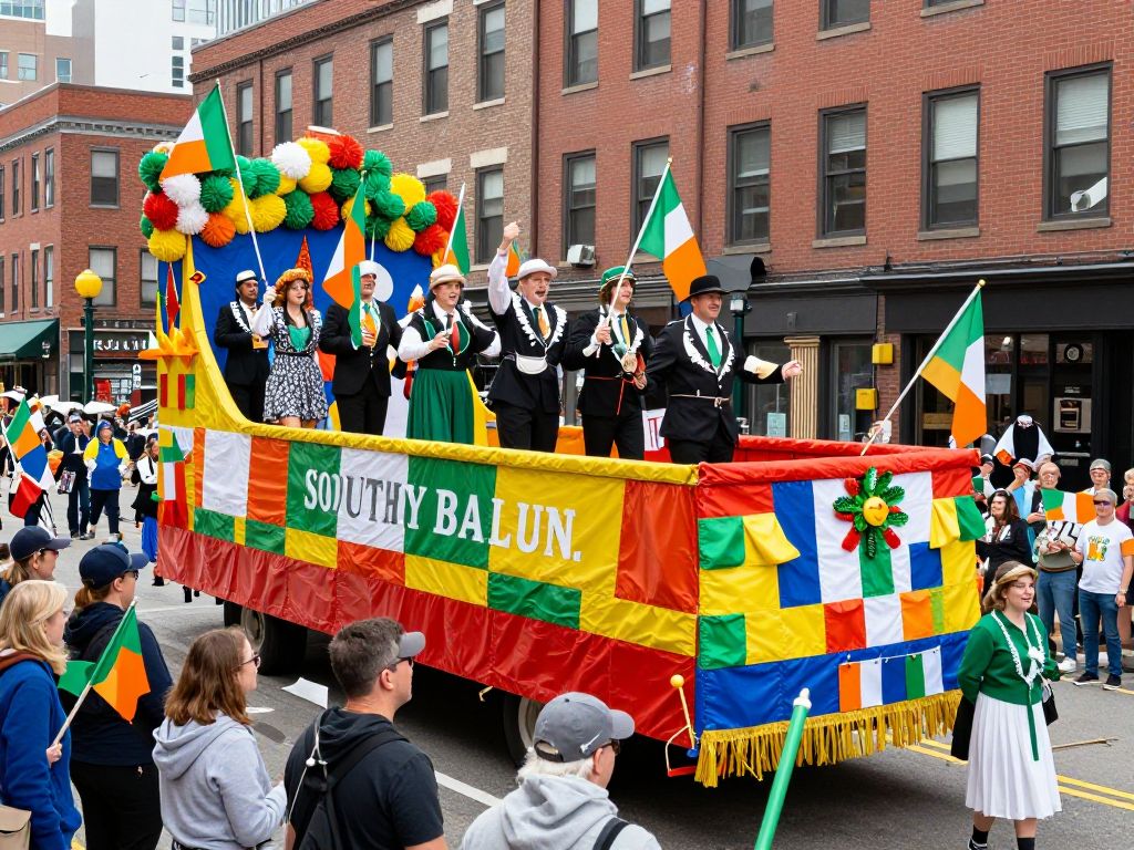 Colorful scene of the South Boston St. Patrick's Day Parade with participants and floats.