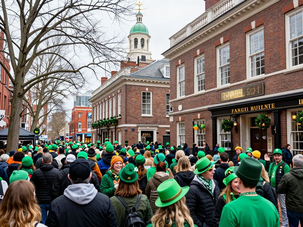 Crowds celebrating St. Patrick's Day at Faneuil Hall in Boston.