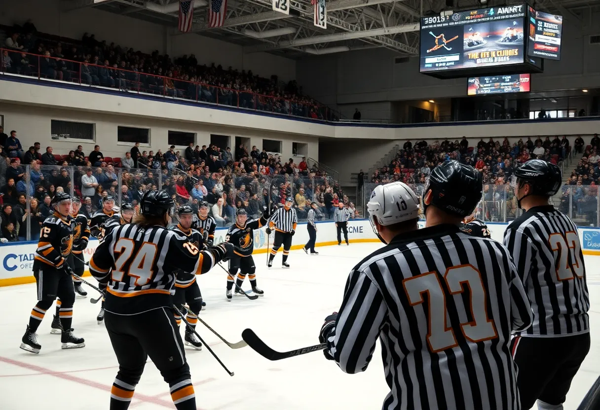 St. Mary's hockey players celebrating on ice after winning against Bishop Feehan