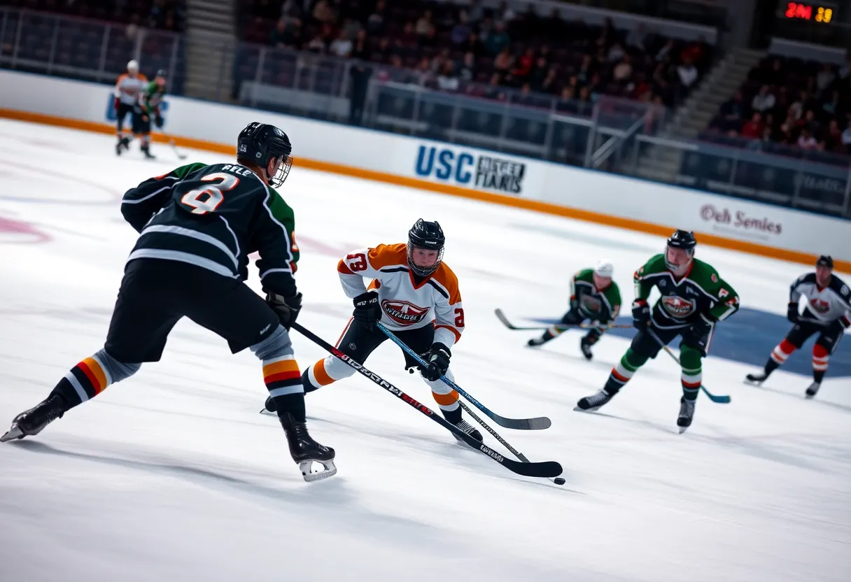 Stoneham High School boys hockey team in action during a game.