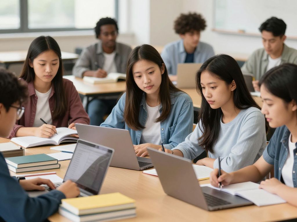Group of college students engaged in study session, illustrating financial literacy