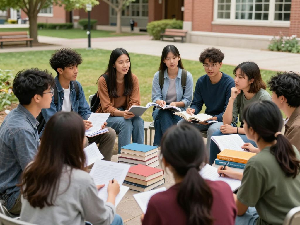 Students discussing academic topics on campus