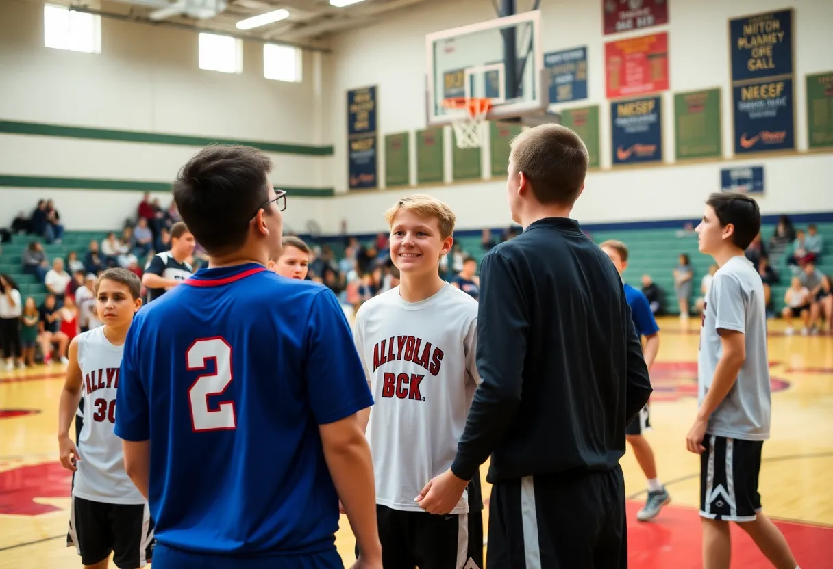Swampscott boys' basketball team playing a game in their home gym.