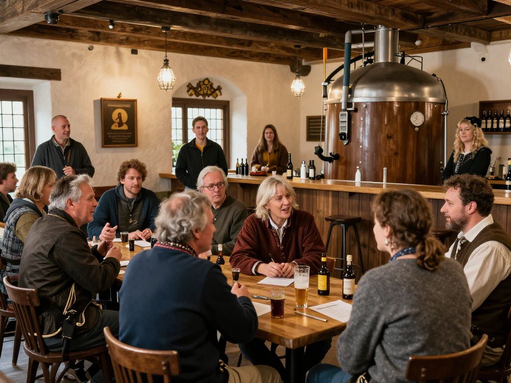 Community members discussing history at a brewery