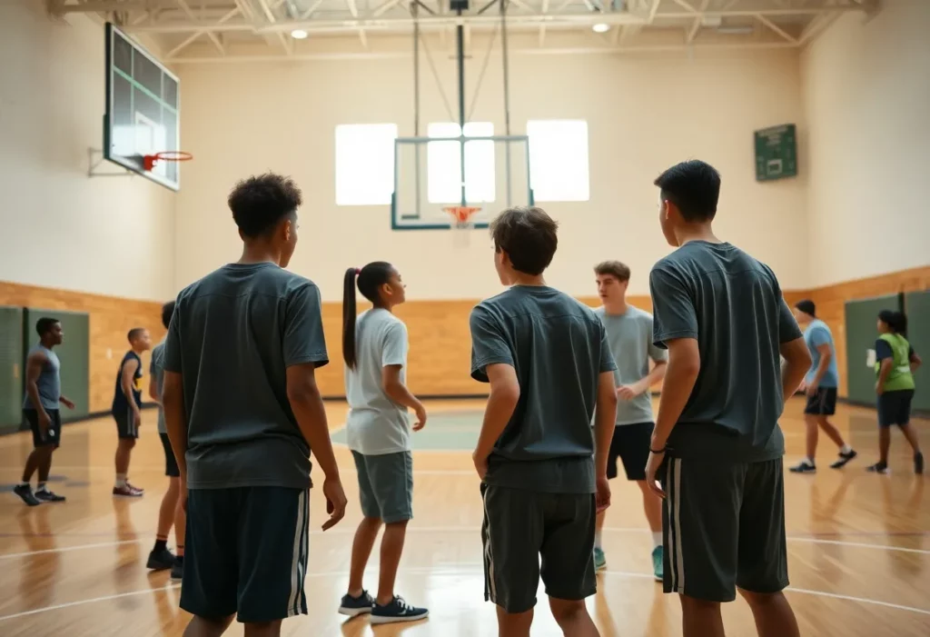 Tewksbury High School basketball team practicing on court