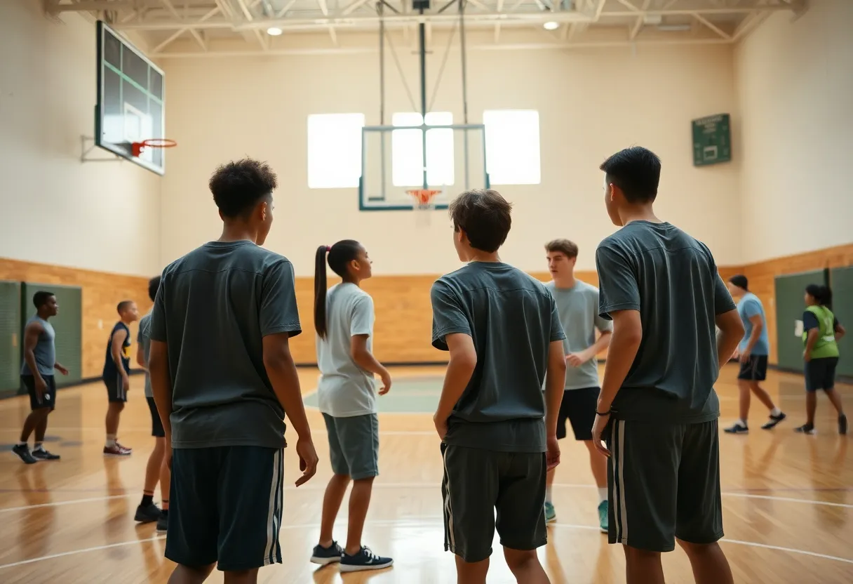 Tewksbury High School basketball team practicing on court