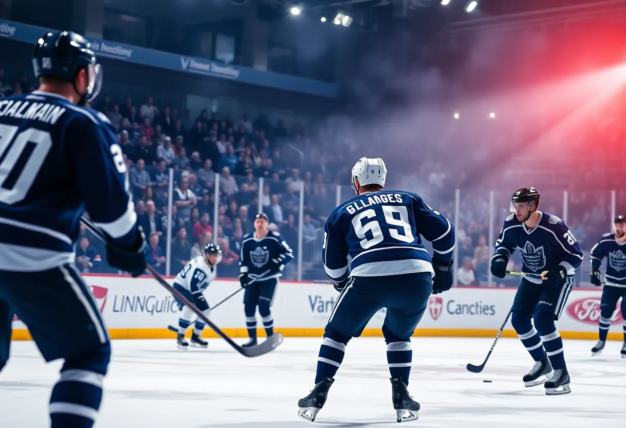 Players from Tewksbury High School hockey team playing during a game.
