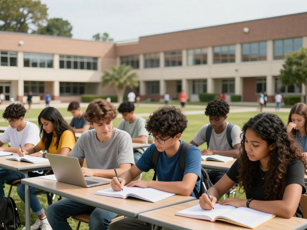 Students studying on a college campus for three-year bachelor's degree programs