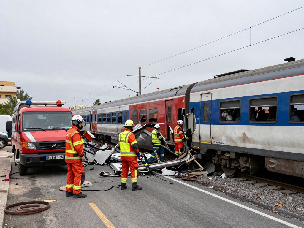Aftermath of a train collision with emergency services attending the site.