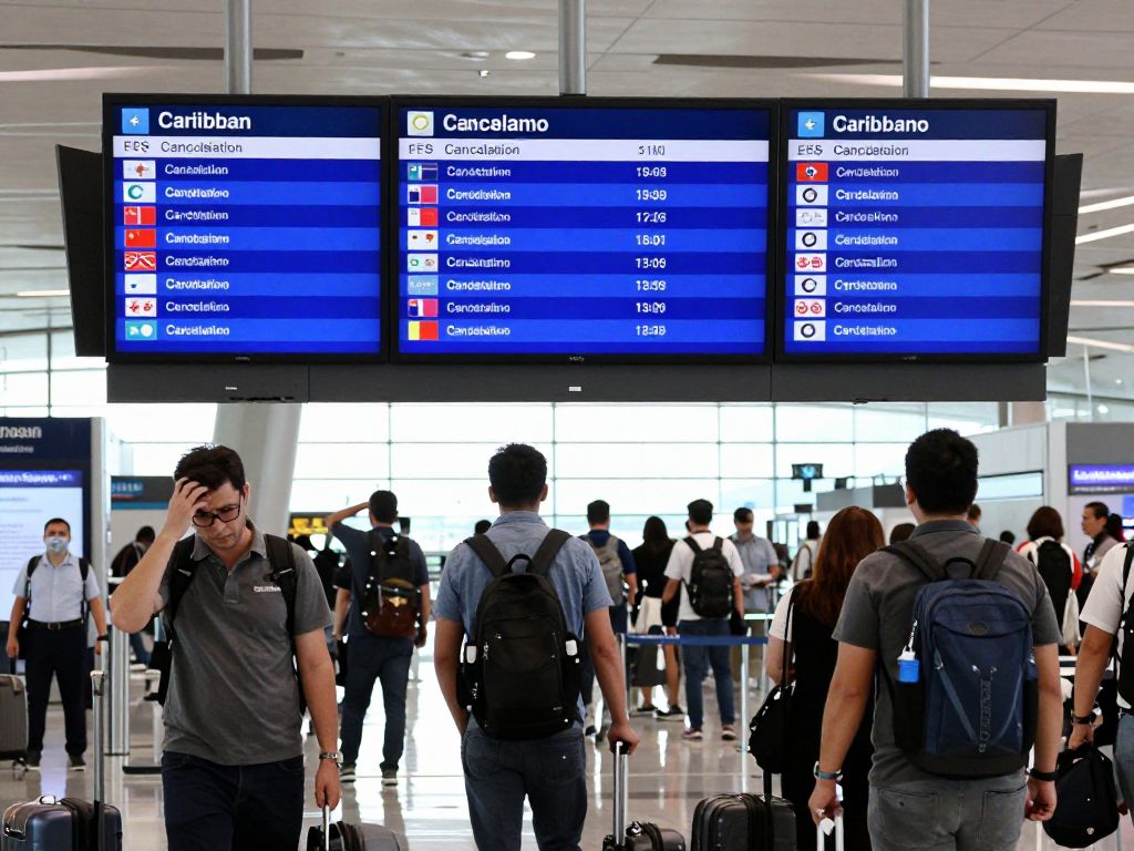 Busy airport terminal with travelers looking anxious amidst flight cancellations