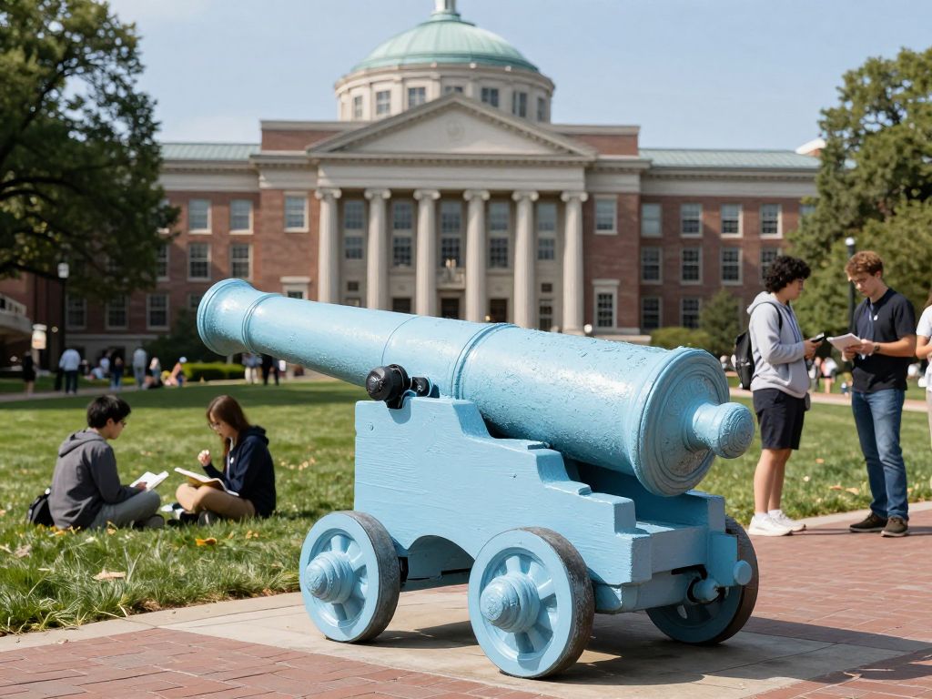 Tufts University cannon repainted light blue with students nearby.