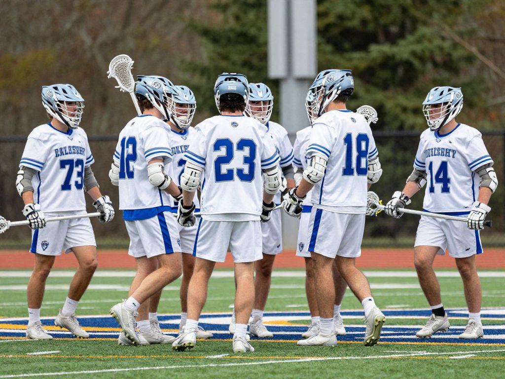 Tufts University men's lacrosse team celebrating on the field