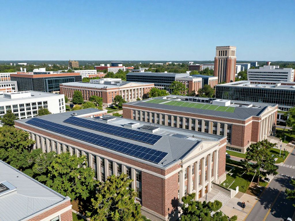 Aerial view of Tufts University campus focusing on solar panels and green architecture.