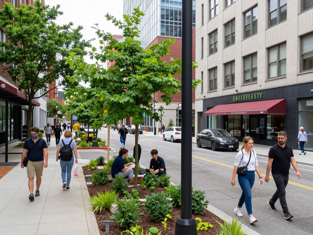 Illustration of community-focused urban development with pedestrians and green spaces.