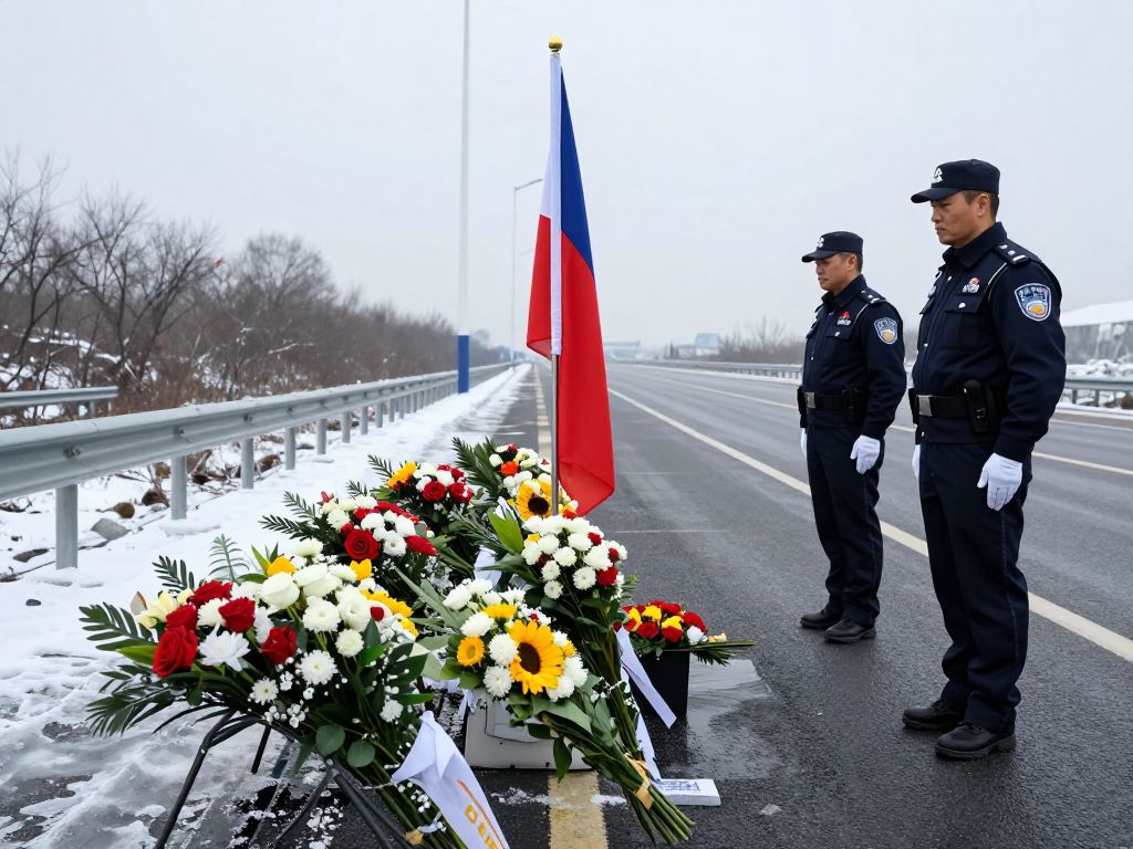 Memorial for fallen Uxbridge police officer with flowers and flags.