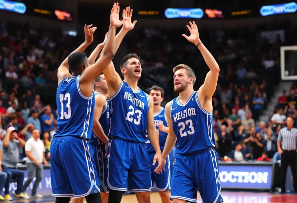 Wareham basketball team celebrating their victory against Brockton