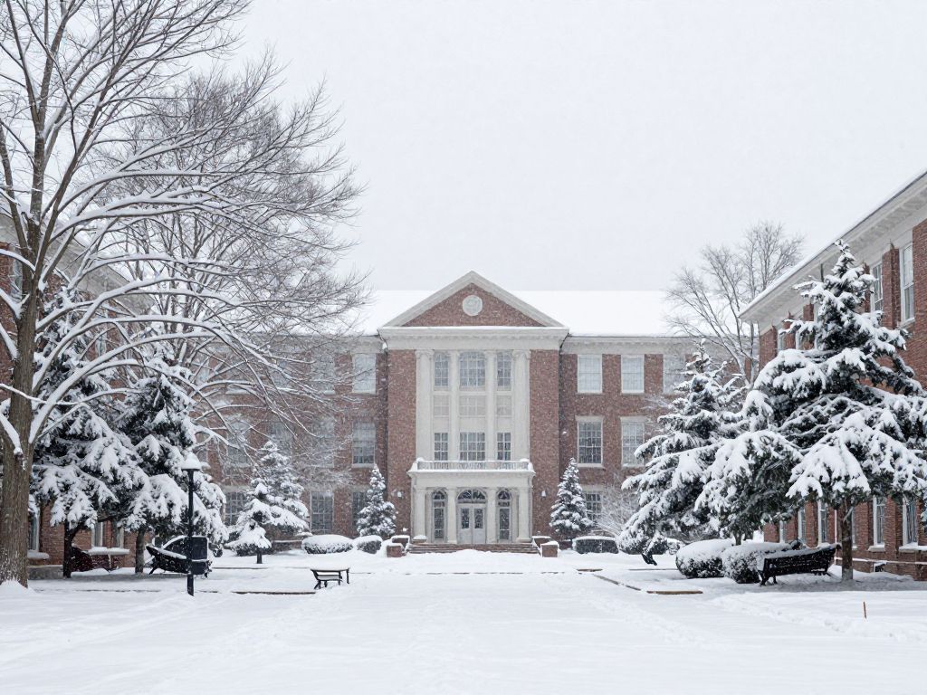 Wellesley College campus covered in snow during winter storm.
