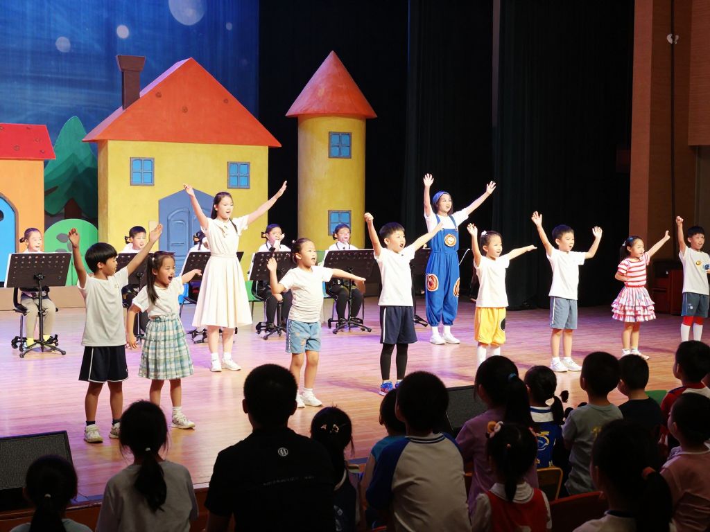 A vibrant children's concert featuring The Wiggles in action on stage.