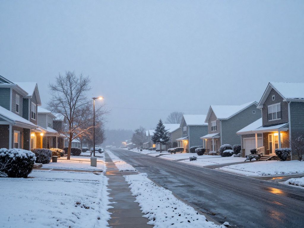 Snowy suburban neighborhood during a power outage