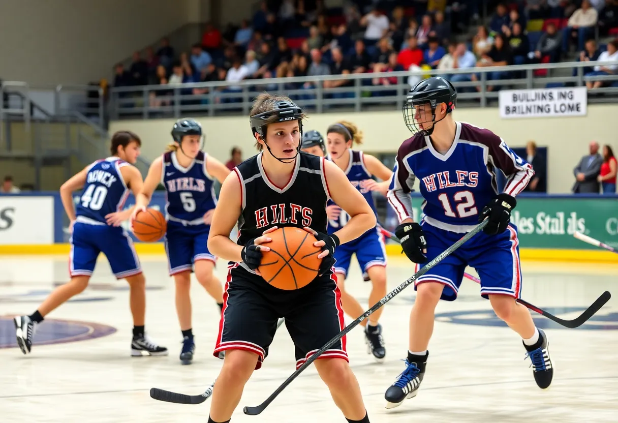 High school athletes competing in basketball and ice hockey in Massachusetts