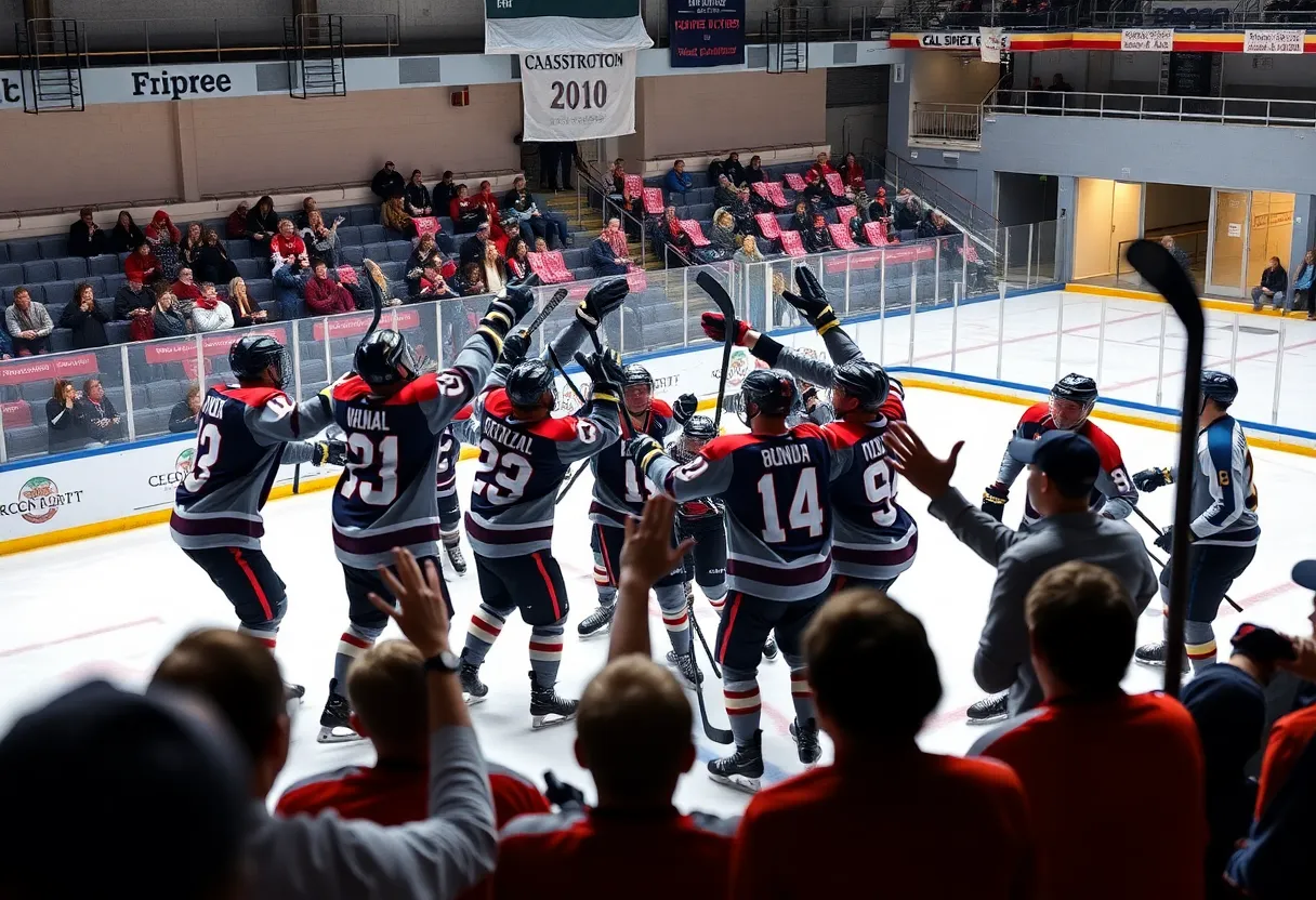 Xaverian High School hockey team celebrating their ranking achievement on the ice.
