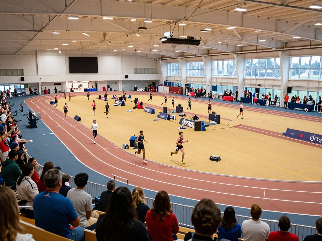 Collegiate athletes competing at an indoor track event