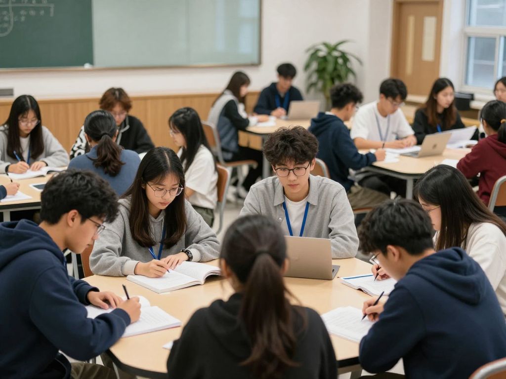 Students studying together at a university campus in Massachusetts