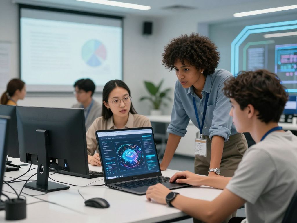 Educators collaborating in a modern classroom using AI technology.