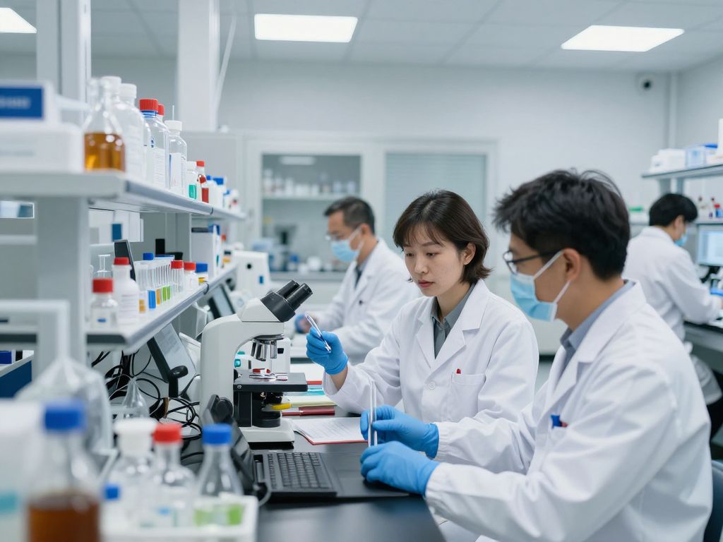 A biotechnology lab with scientists working on innovations