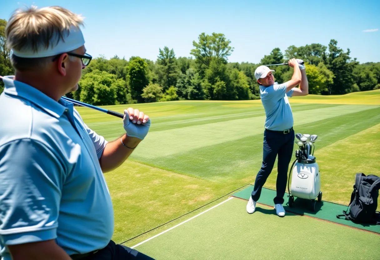 An amateur golfer practicing their swing at a driving range with a focus on hip rotation.