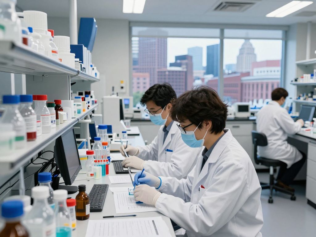 Researchers in a Boston biotech lab working on drug development