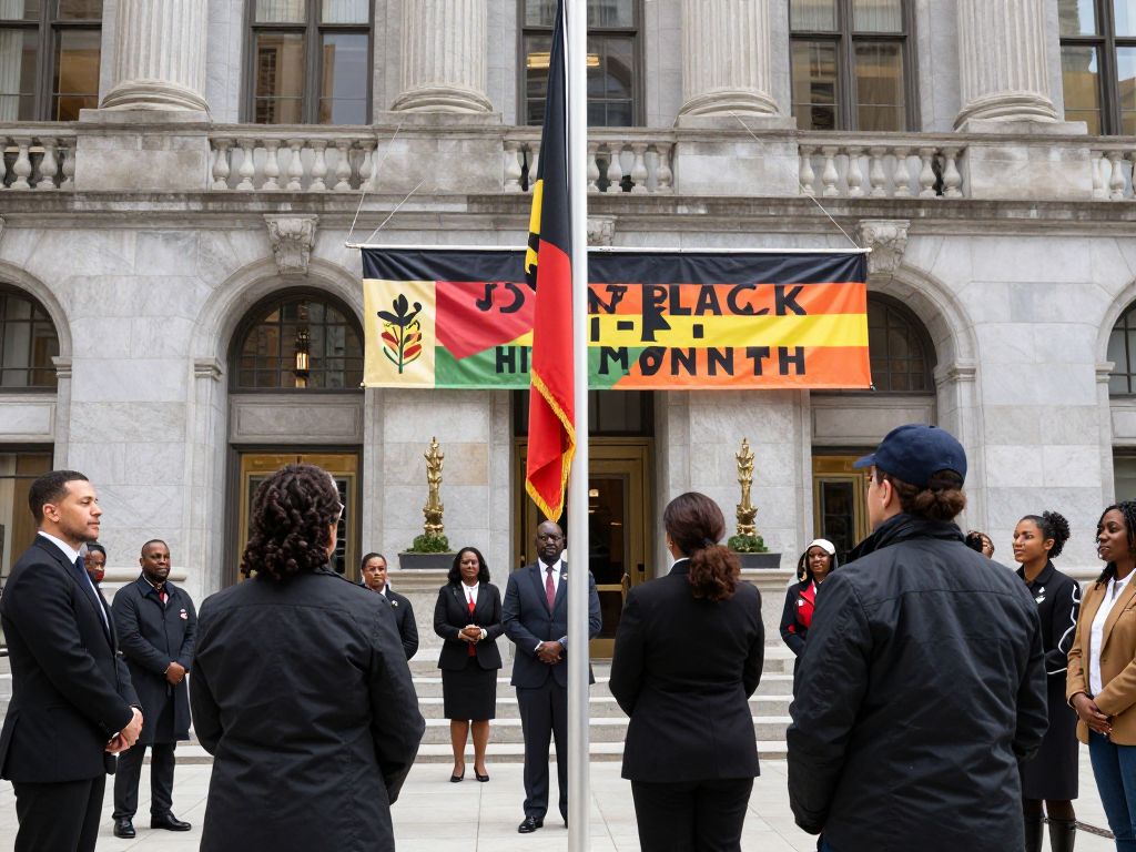 Community members participating in a flag raising ceremony for Black History Month